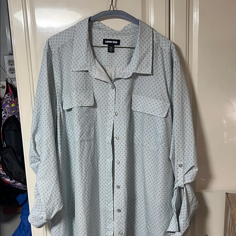 Lands' End Pale Blue Patterned Button-Front Shirt